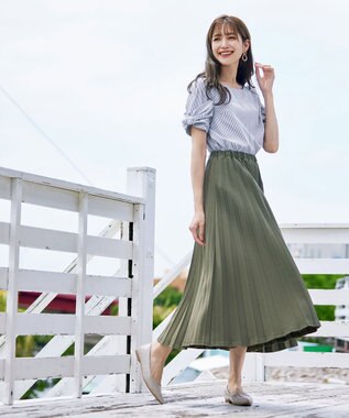 Tiaclasse 【洗える】リボン袖ブラウス ネイビーストライプ