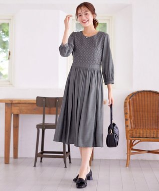 Tiaclasse L 【洗える】レース切替ワンピース チャコールグレー