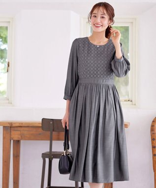 Tiaclasse L 【洗える】レース切替ワンピース チャコールグレー