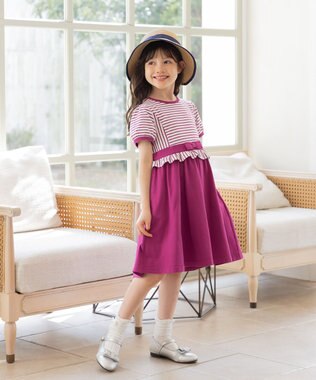 組曲 KIDS 【150-160㎝】マリンボーダー ワンピース ラズベリー