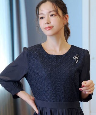 Tiaclasse L 【洗える】レース切替ワンピース ネイビー