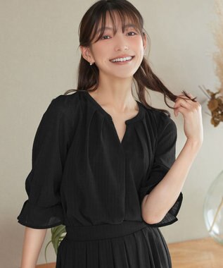 Tiaclasse L 【セットアップ対応】ドビーチェックタックパフ袖ブラウス ブラック