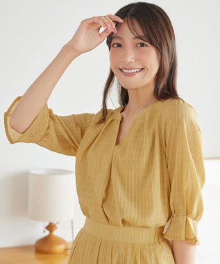 Tiaclasse L 【セットアップ対応】ドビーチェックタックパフ袖ブラウス イエロー