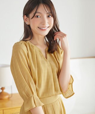 Tiaclasse L 【セットアップ対応】ドビーチェックタックパフ袖ブラウス イエロー