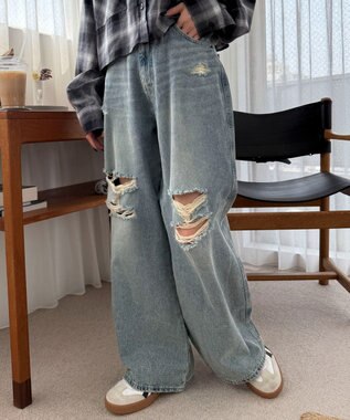 WEGO ダメージワイドデニムパンツ デニム淡加工色