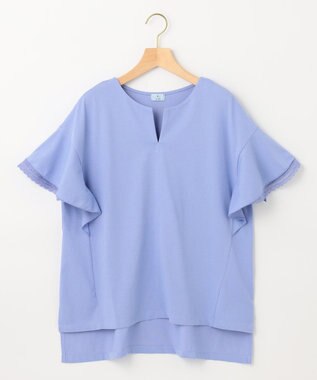 組曲 【汗ジミ防止・撥水】GIZAプレーティング天竺袖フリル カットソー スカイブルー系