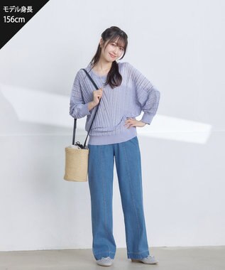 Tiaclasse 【洗える】TCデニム切替ワイドストレートパンツ サックス