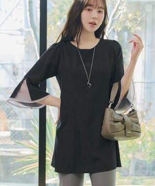 Tiaclasse 【新色追加】シフォンフレア袖チュニックブラウス ブラック