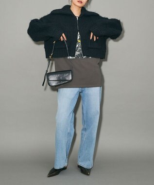 Green Parks フロントジップビックカラーニットブルゾン Navy