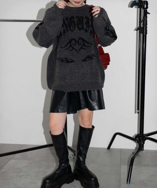 WEGO モチーフグラフィックフラッフィーニットプルオーバー ダークグレー