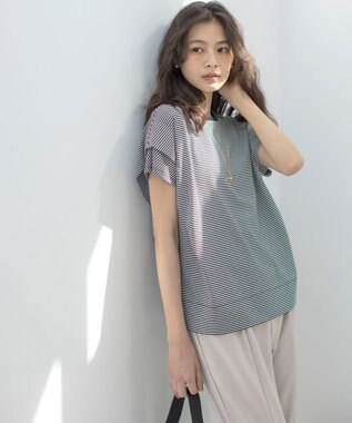 組曲 S IZAコットンドルマンスリーブ Tシャツ モノトーンストライプ系1