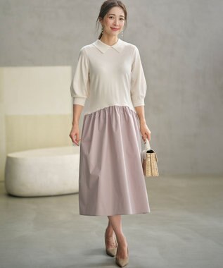 組曲 襟付きドッキング ニットワンピース ベージュ系