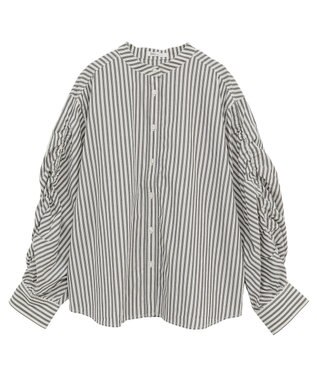 CRAFT STANDARD BOUTIQUE 袖シャーリングバンドカラーシャツ Stripe Gray