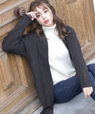 Tiaclasse 【洗える】大人華やかなアラン柄ニットカーディガン チャコール