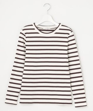 23区 L 【SLOW/洗える】ミドルフライスジャージー ロングTシャツ ホワイト×ダークブラウンボーダー