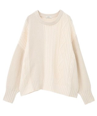 earth music&ecology 【洗濯機洗い可】アンチピリングC/Aパッチワークケーブルニット アイボリー