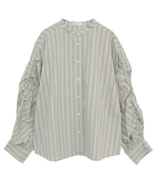 CRAFT STANDARD BOUTIQUE 袖シャーリングバンドカラーシャツ Stripe Beige