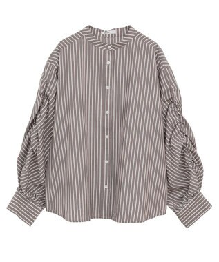 CRAFT STANDARD BOUTIQUE 袖シャーリングバンドカラーシャツ Stripe Brown