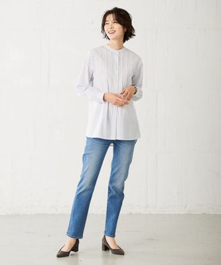 J.PRESS LADIES 【洗える】 BEZ VEGA ピンタック ストライプ ブラウス ネイビー系1