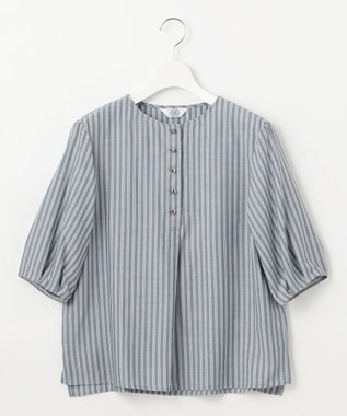 J.PRESS LADIES S 【洗える】ウォッシャブルキュプラツイル ボートネック ブラウス ネイビーシャンブレーストライプ系