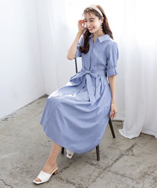 Tiaclasse 【洗える】シャツワンピース ネイビーストライプ