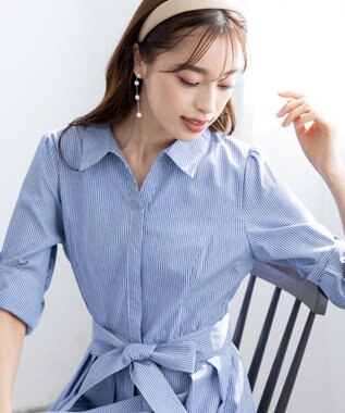 Tiaclasse 【洗える】シャツワンピース ネイビーストライプ