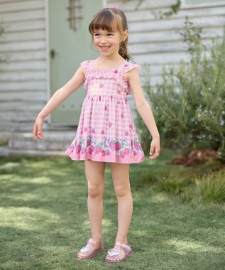 ANY KIDS ギンガム×フルーツ ワンピース水着 ピンク×イチゴ