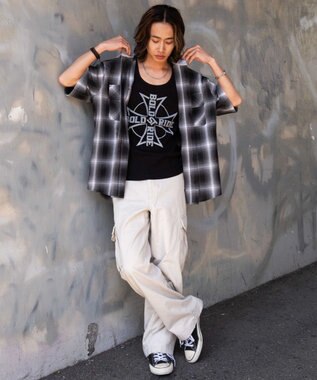 WEGO 【ユニセックス着用ITEM/MLサイズ展開】オンブレチェックフードシャツ（SS） ブラックチェック1