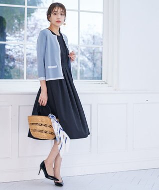 Tiaclasse 【洗える】配色使い総針袖リボンカーデ ブルー×サックス