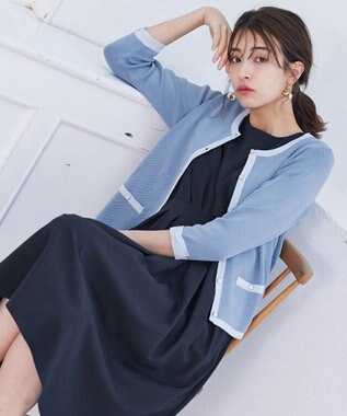 Tiaclasse 【洗える】配色使い総針袖リボンカーデ ブルー×サックス