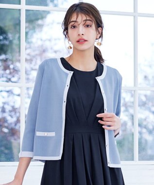 Tiaclasse 【洗える】配色使い総針袖リボンカーデ ブルー×サックス