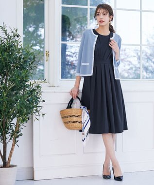 Tiaclasse 【洗える】配色使い総針袖リボンカーデ ブルー×サックス