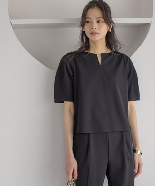 組曲 S 【WEB限定】ジョーゼットジャージーランタンスリーブ5分袖 ブラウス ブラック系