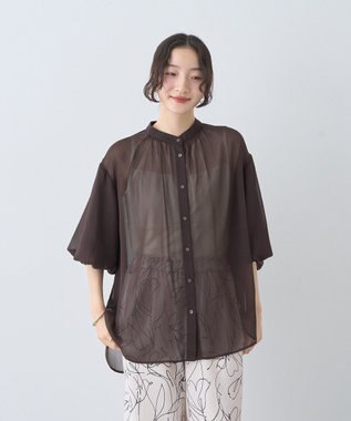 earth music&ecology バルーンスリーブシアーシャツ Brown