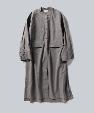 COTTON PAPER POPLIN BAND COLLAR LONG SHIRT DRESS シャツワンピース, チャコールグレー, 1