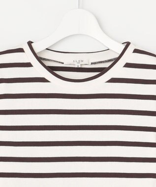 23区 L 【SLOW/洗える】ミドルフライスジャージー ロングTシャツ ホワイト×ダークブラウンボーダー