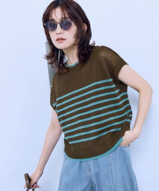 ANY L ラミータッチフレンチスリーブニット ブラウン×ターコイズ