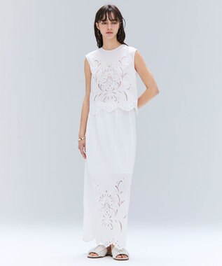 BEIGE， 【洗える】GALLERIA / コットンエンブロイダリーIラインスカート White