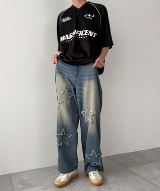 WEGO スターモチーフオーバーダイバギーパンツ ブルー