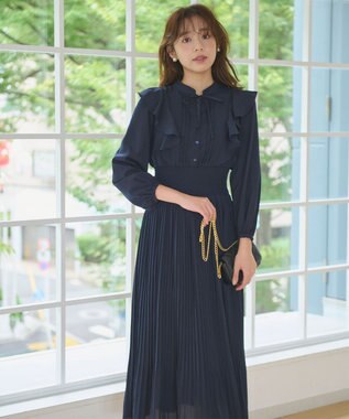 Feroux 【洗える】プリーツ ワンピース ネイビー系（無地）