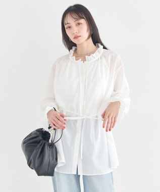 earth music&ecology 【イージーケア】TRキュプラダブルボタンフリルシャツ Off White