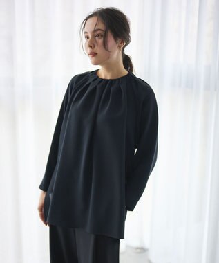 #Newans 【洗濯機可能】タックネックブラウス ネイビー