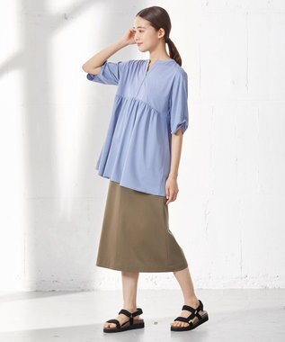 J.PRESS LADIES 【洗える】プレーティング キーネック カットソー サックスブルー系