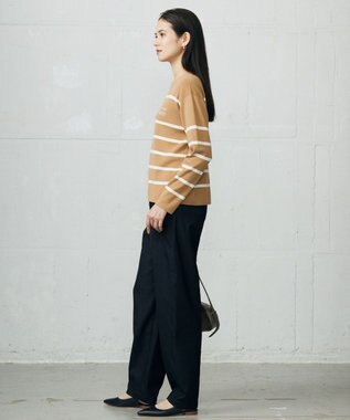 自由区 L コットンウールハイゲージボーダー ニット キャメル×オフ