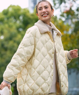 UNFILO L 【自宅で洗濯OK / ファー襟取り外し可能】TAIONコラボ ボア襟 リバーシブルダウン アイボリー