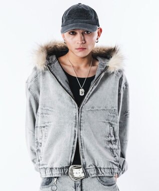 WEGO 【ユニセックス着用ITEM】ファーフードスラッシュデニムブルゾン グレー