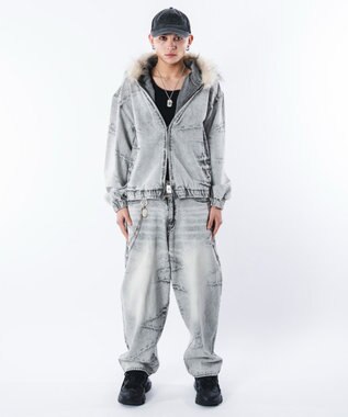 WEGO 【ユニセックス着用ITEM】ファーフードスラッシュデニムブルゾン グレー