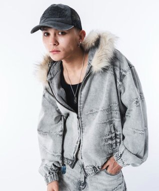 WEGO 【ユニセックス着用ITEM】ファーフードスラッシュデニムブルゾン グレー