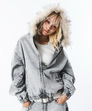 WEGO 【ユニセックス着用ITEM】ファーフードスラッシュデニムブルゾン グレー