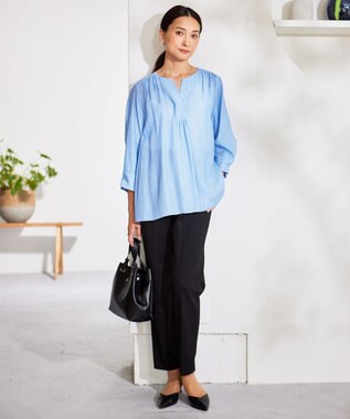 自由区 【洗える】SOMELOSテンセルスキッパー ブラウス サックス×オフ